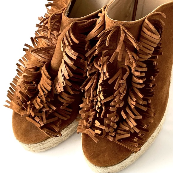 NWOT Castaner Open Toe Brown Suede Fringe Wedges Made In Spain Size 39 US 8 - Picture 11 of 14